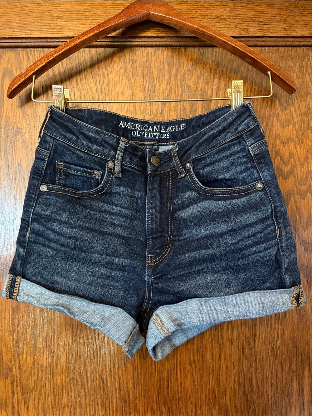 American Eagle Outfitters Dark Blue Roll-Cuff Denim Shorts